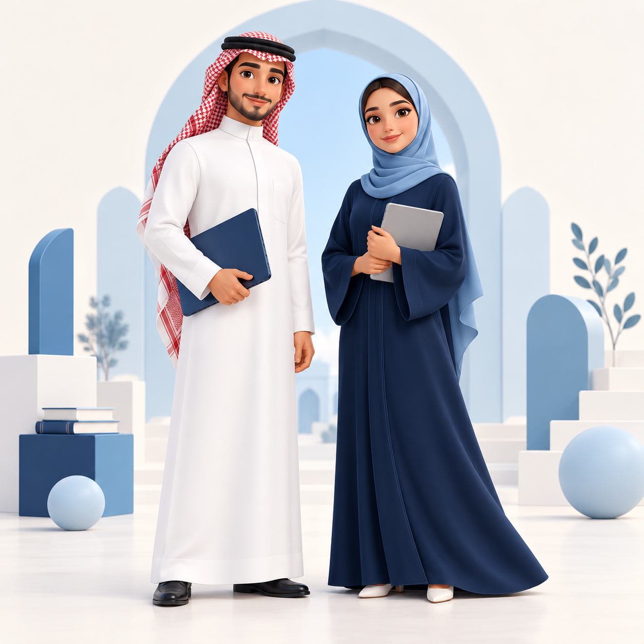 شخصيتان سعوديتان توضيحيتان بالثوب والشماغ والعباءة والحجاب تحملان أدوات تعلم رقمية